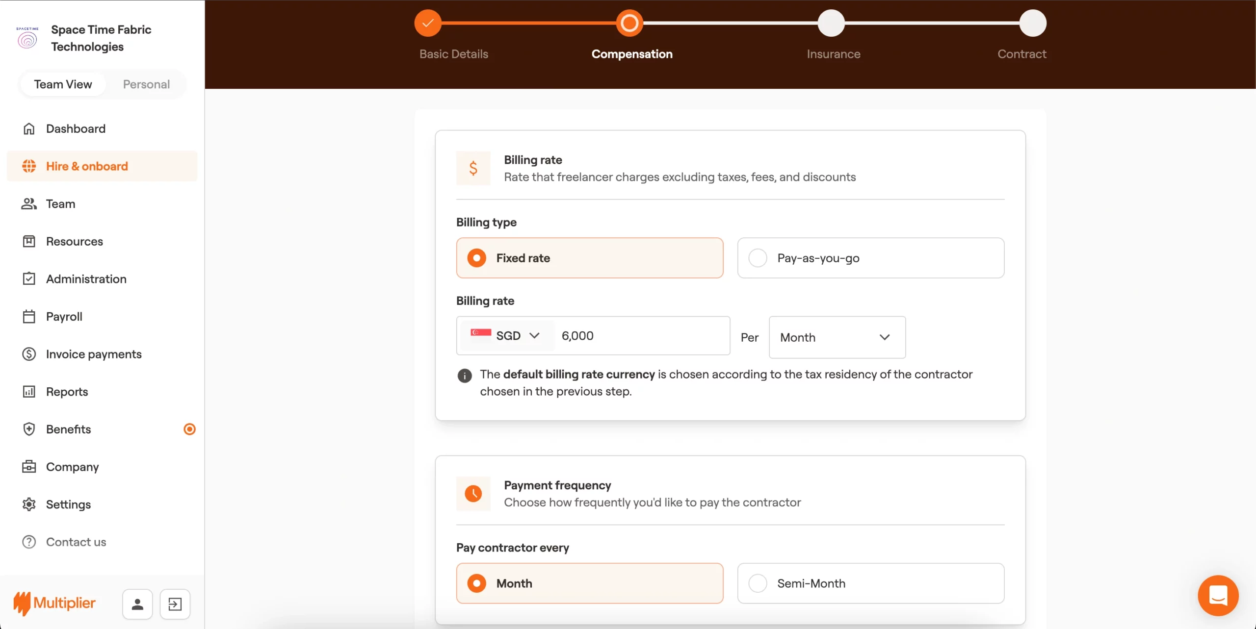 Billing type, rate, frequency, and invoice generation for onboarding a contractor in Singapore.